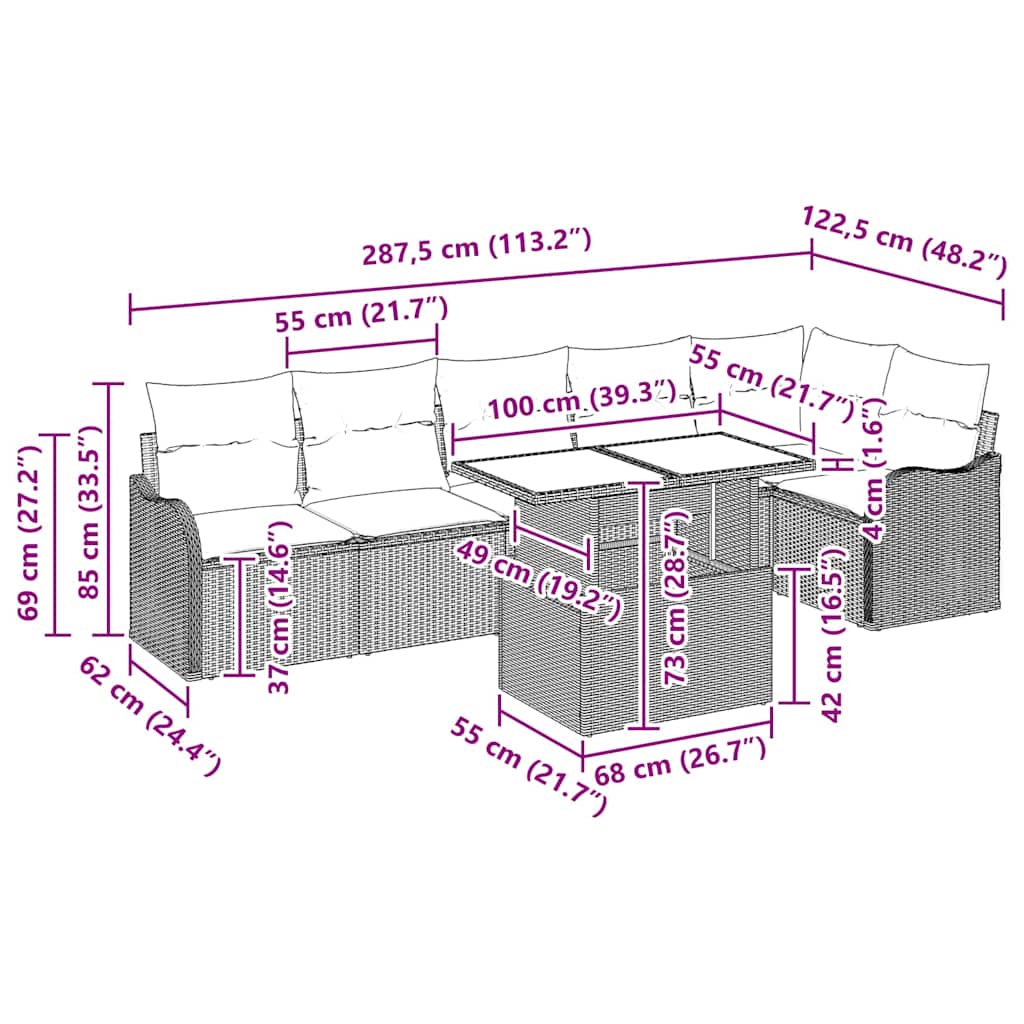 vidaXL Bankstel met kussen 7 pcs Zwart Poly rattan