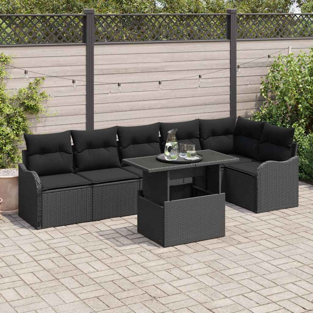vidaXL Bankstel met kussen 7 pcs Zwart Poly rattan