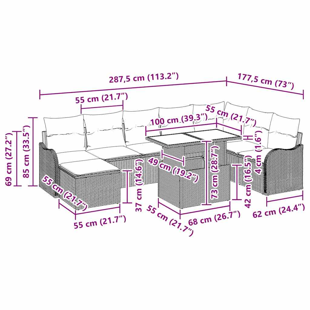 vidaXL Tuinbank Set met kussen 9 pcs Zwart Poly rattan