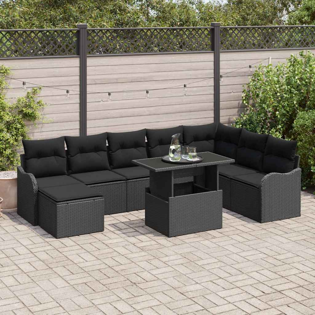 vidaXL Tuinbank Set met kussen 9 pcs Zwart Poly rattan