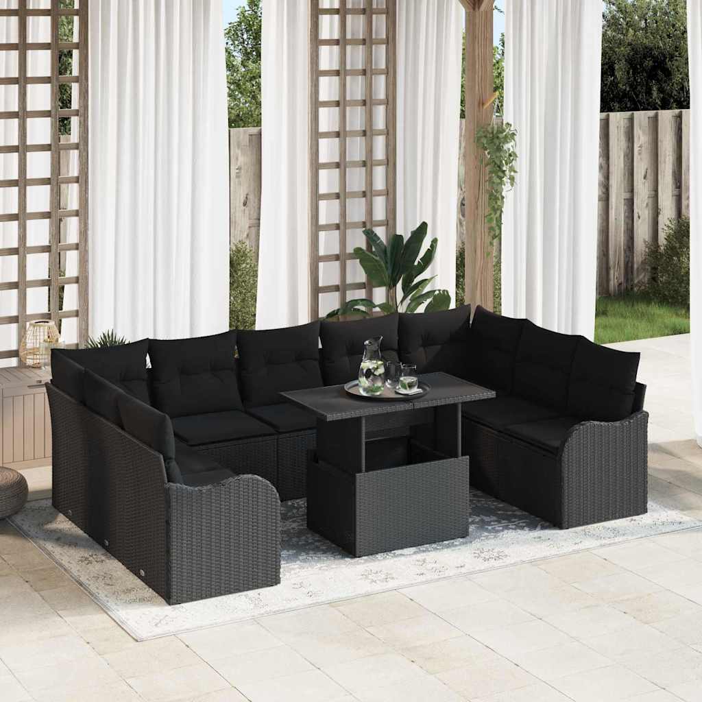vidaXL Tuinbank Set met kussen 10 pcs Zwart Poly rattan