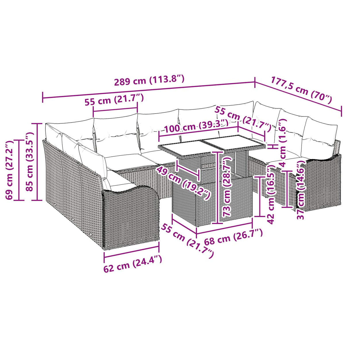 vidaXL Tuinbank Set met kussen 10 pcs Bruin Poly rattan