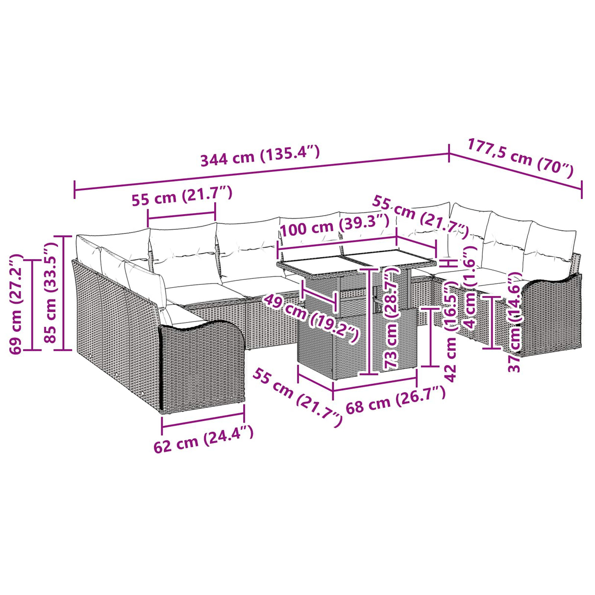vidaXL Tuinbank Set met kussen 11 pcs Bruin Poly rattan
