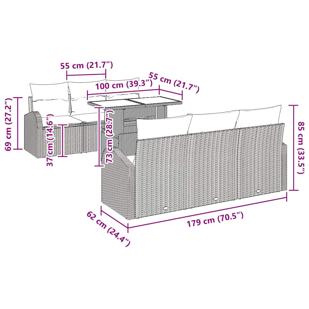 vidaXL Tuinbank Set met kussen 7 pcs Zwart Poly rattan