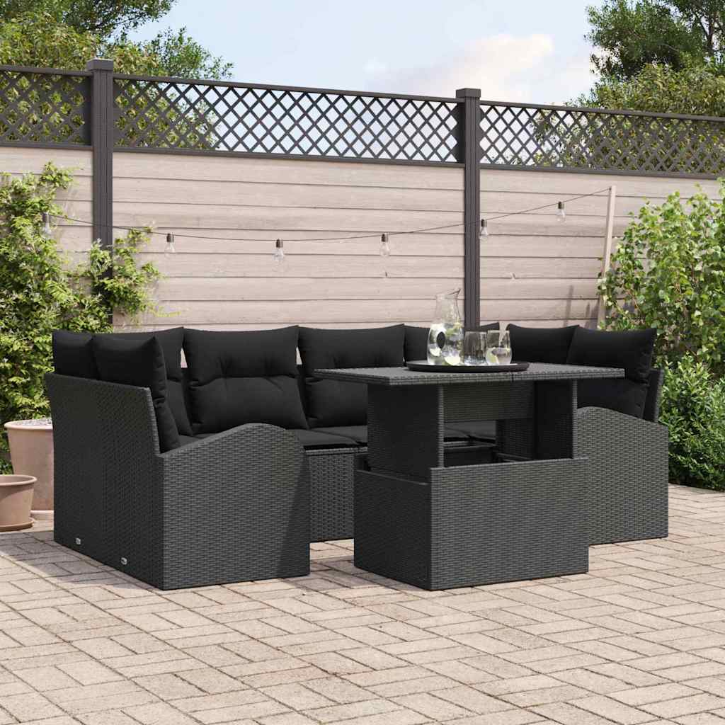 vidaXL Tuinbank Set met kussen 7 pcs Zwart Poly rattan