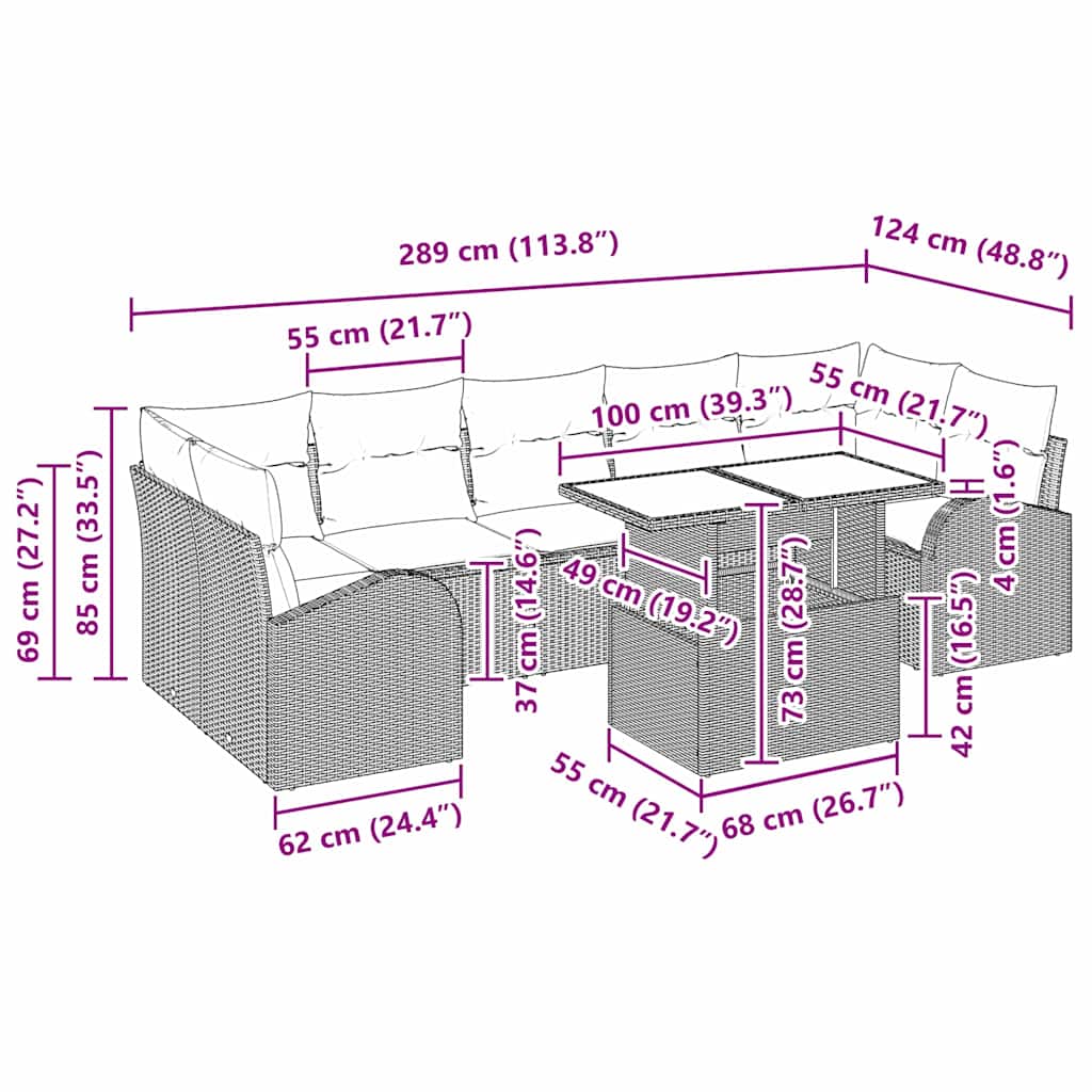 vidaXL Tuinbank Set met kussen 8 pcs Zwart Poly rattan