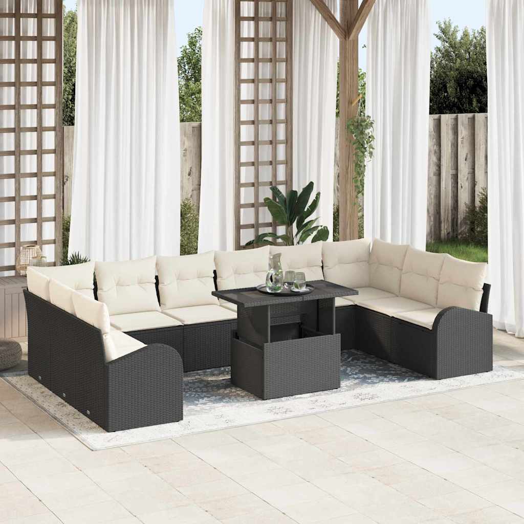 vidaXL Tuinbank Set met kussen 11 pcs Zwart en crème poly rattan