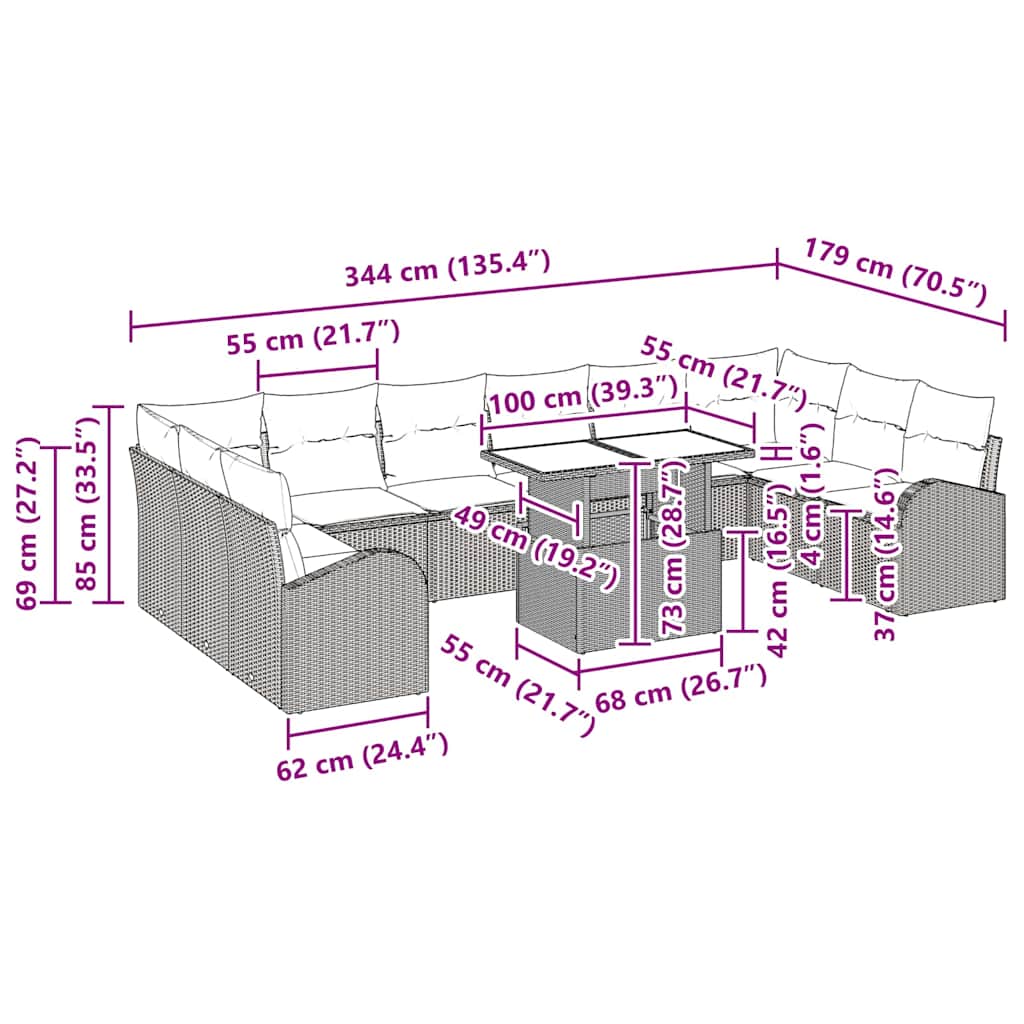 vidaXL Tuinbank Set met kussen 11 pcs Zwart en crème poly rattan