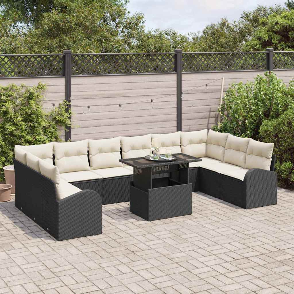 vidaXL Tuinbank Set met kussen 11 pcs Zwart en crème poly rattan