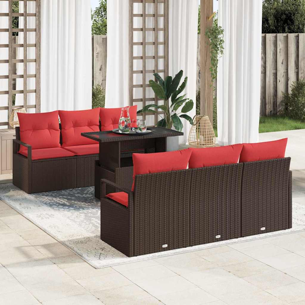vidaXL Salon de jardin avec coffre de rangement 7 pcs Rotin synthétique Marron et Rouge