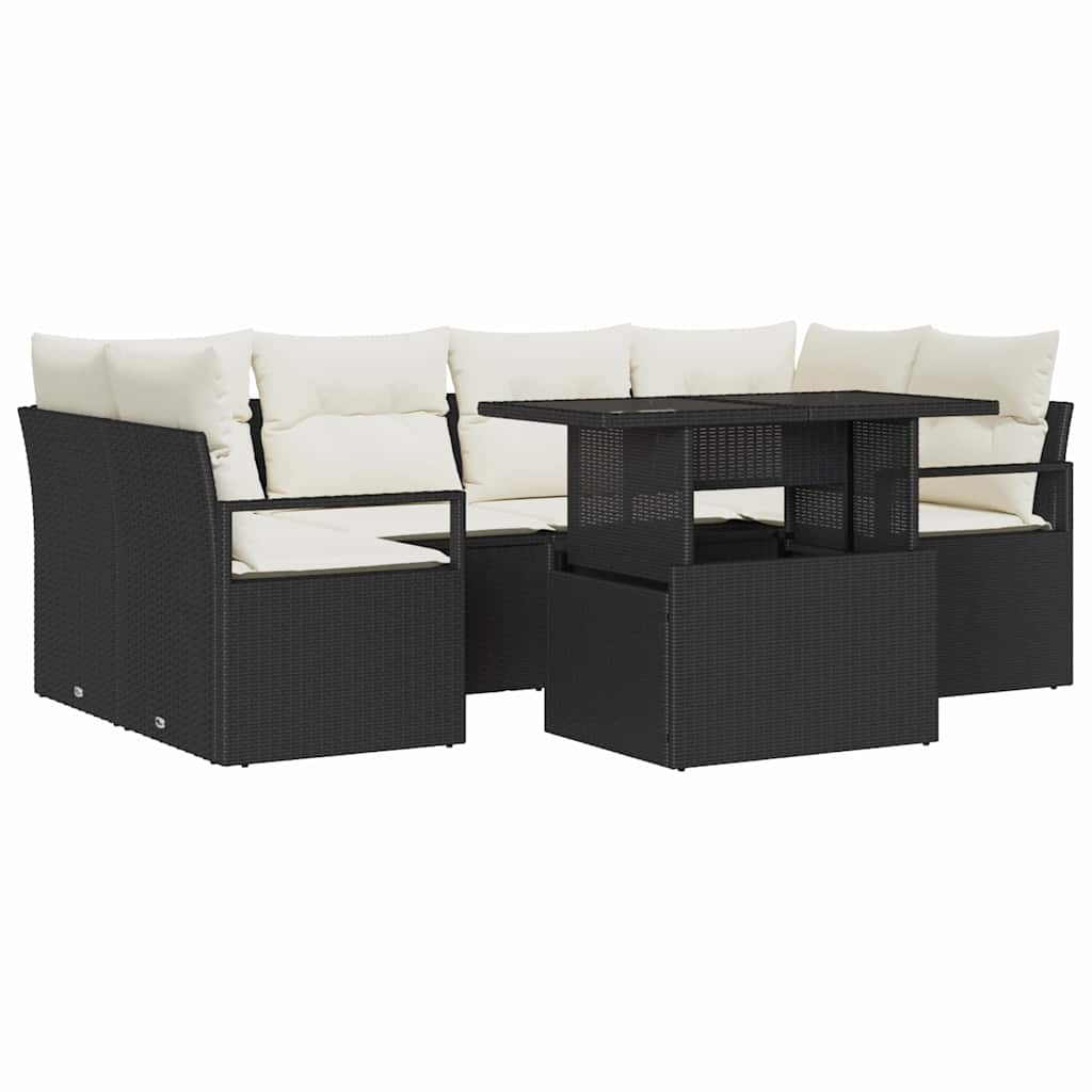 vidaXL Tuinbank Set met opslag met kussen 7 pcs Zwart poly rattan