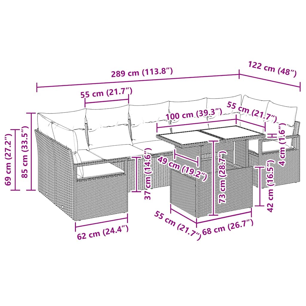 vidaXL Tuinbank Set met kussen 8 pcs Zwart en crème poly rattan