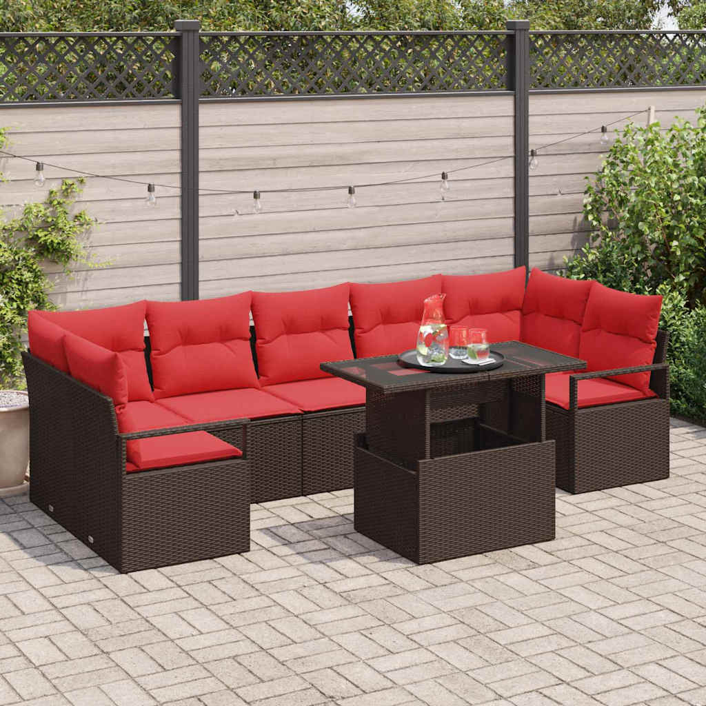 vidaXL Garden Sofa Set with cushions 8 pcs Brown and Red poly rattan
