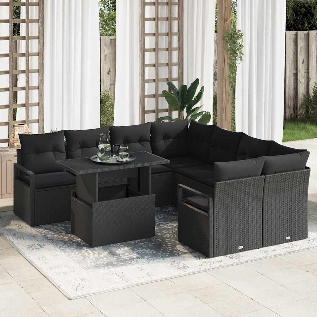 vidaXL Tuinbank Set met opslag 9 pcs Zwart en Crème poly rattan