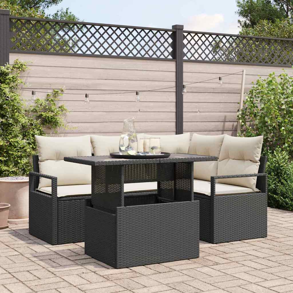 vidaXL Garden Sofa Set with cushions 5 pcs Black and cream poly rattan