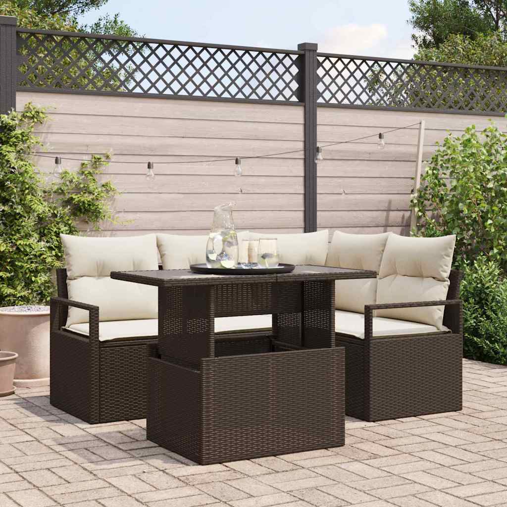 vidaXL Garden Sofa Set with cushions 5 pcs Black and cream poly rattan