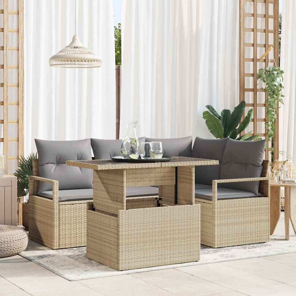 vidaXL Garden Sofa Set with cushions 5 pcs Black and cream poly rattan