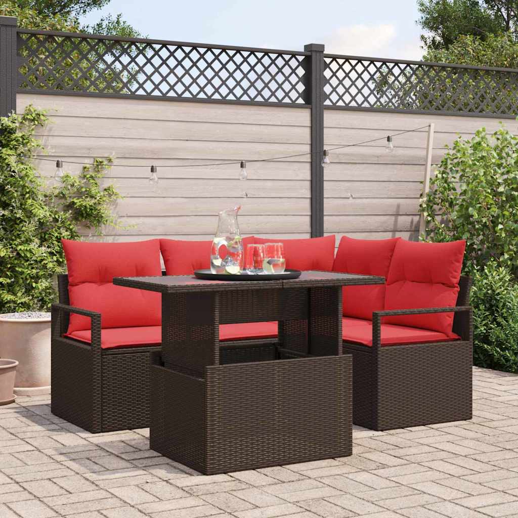 vidaXL Tuinbank Set met opslag 5 pcs Bruin en Rood poly rattan