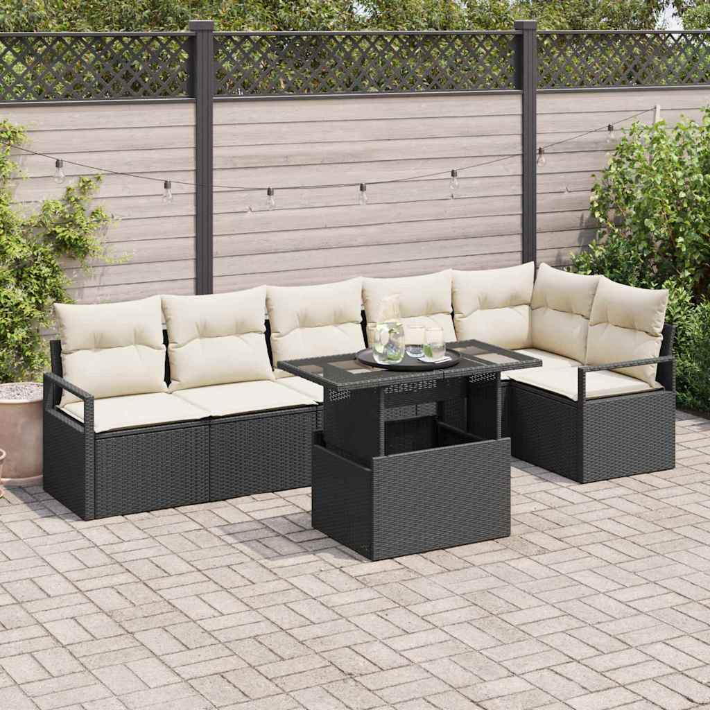 vidaXL Tuinbank Set met kussen 7 pcs Zwart Poly rattan