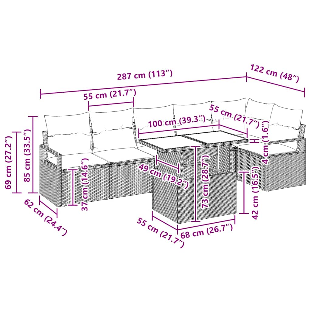 vidaXL Tuinbank Set met kussen 7 pcs Zwart Poly rattan