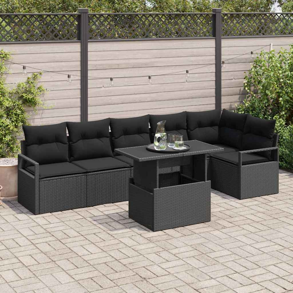 vidaXL Tuinbank Set met kussen 7 pcs Zwart Poly rattan