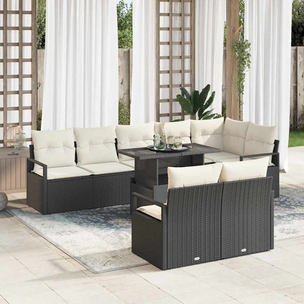 vidaXL Tuinbank Set met kussen 9 pcs Zwart en Crème poly rattan