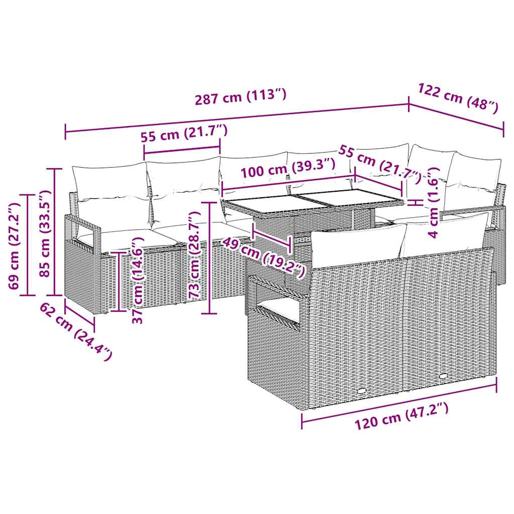 vidaXL Tuinbank Set met kussen 9 pcs Zwart en Crème poly rattan