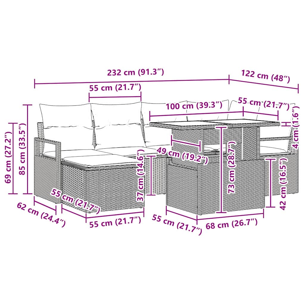 vidaXL 7-Piece Garden Sofa Set with Cushions Black and Cream