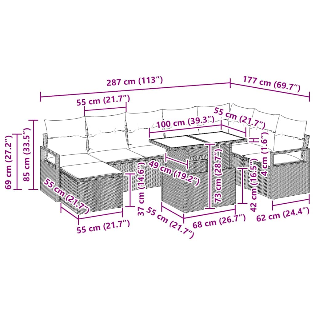 vidaXL Garden Sofa Set with Cushions 9 pcs Black and Cream