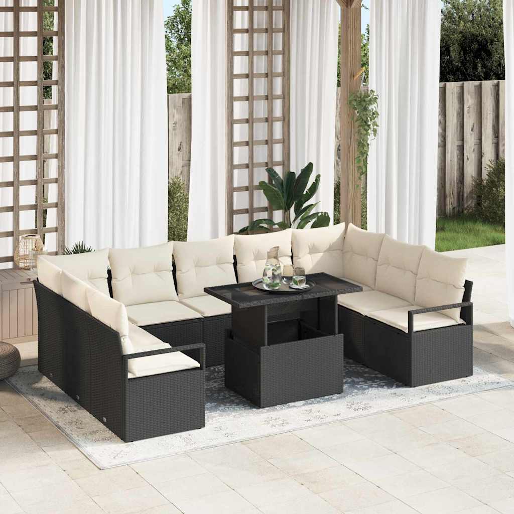 vidaXL Tuinbank Set met kussen 10 pcs Zwart en crème poly rattan