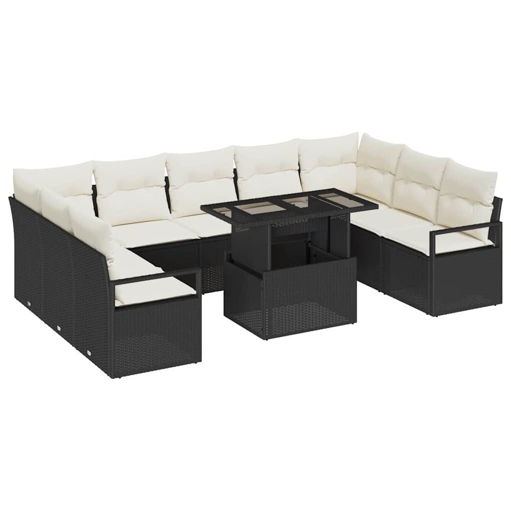 vidaXL Tuinbank Set met kussen 10 pcs Zwart en crème poly rattan