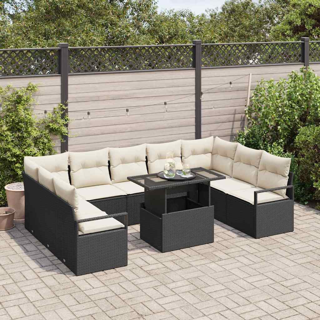 vidaXL Tuinbank Set met kussen 10 pcs Zwart en crème poly rattan