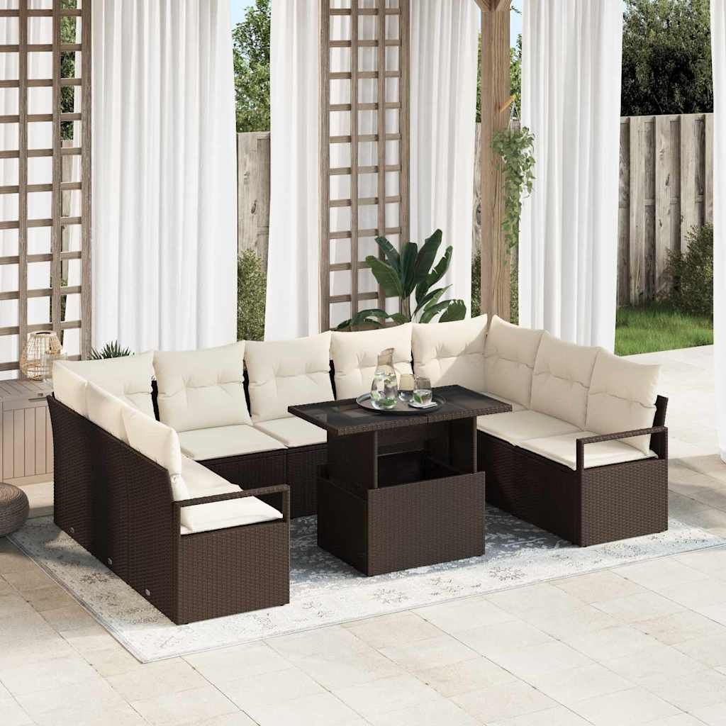 vidaXL Tuinbank Set met kussen 10 pcs Zwart en crème poly rattan