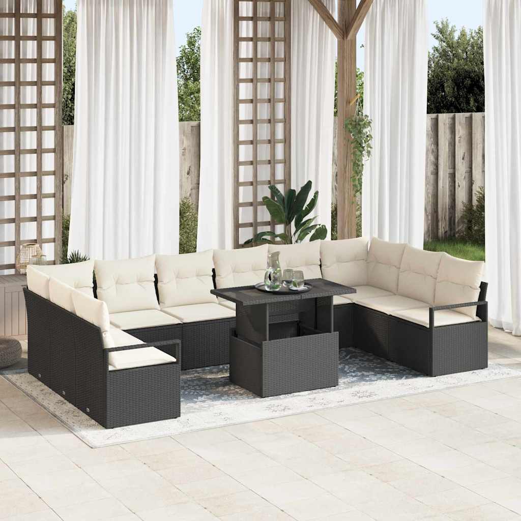vidaXL Tuinbank Set met kussen 11 pcs Zwart en crème poly rattan