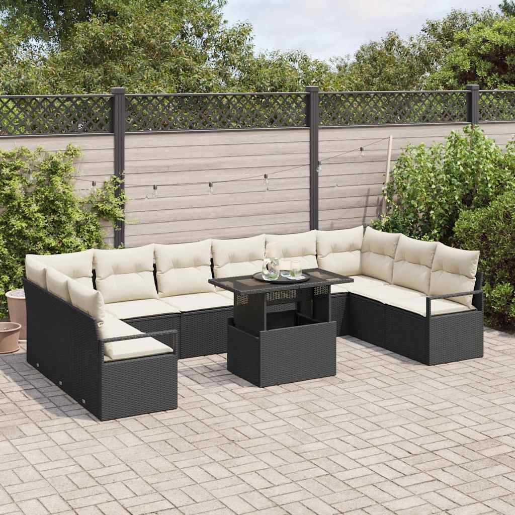 vidaXL Tuinbank Set met kussen 11 pcs Zwart en crème poly rattan