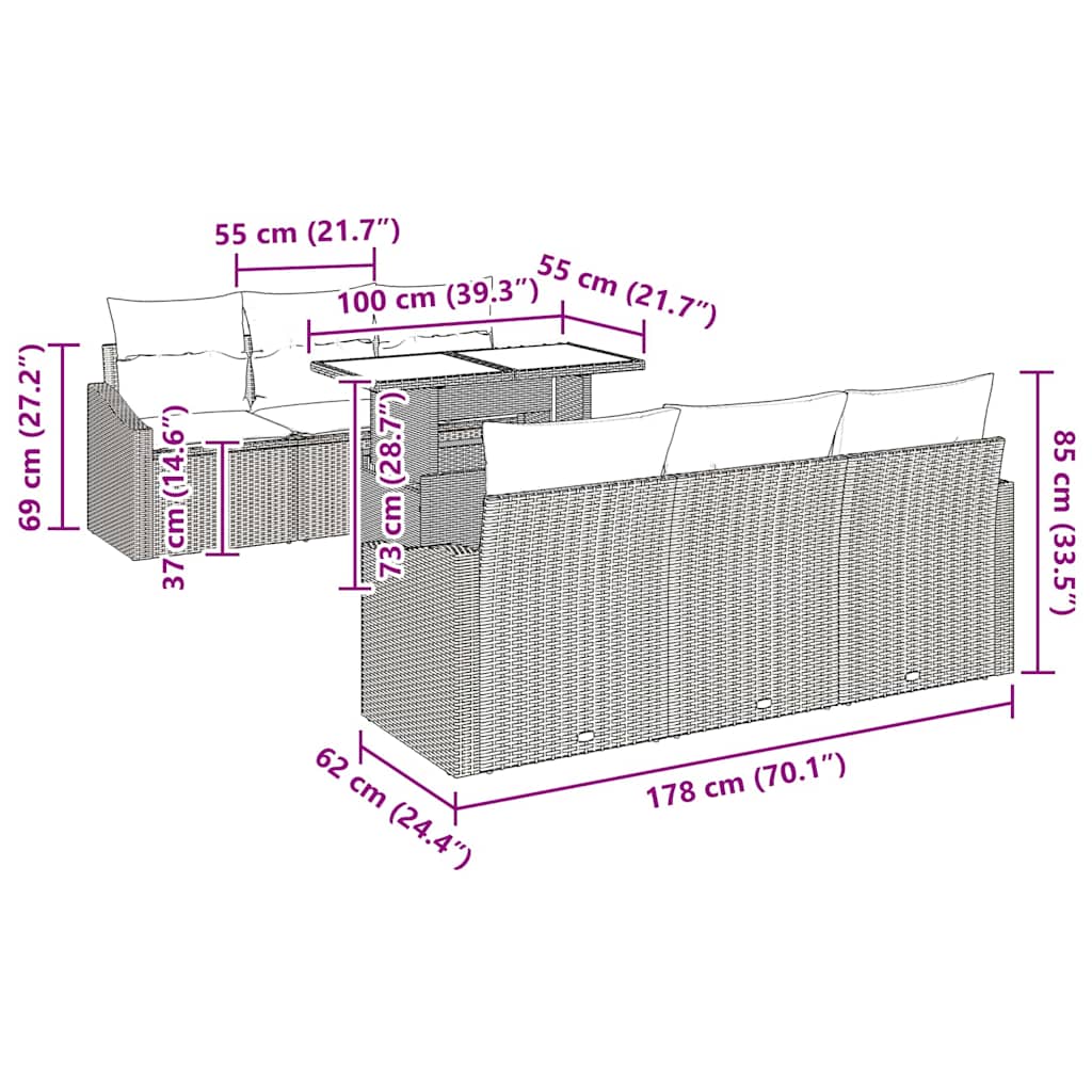 vidaXL Tuinbank Set met kussen 7 pcs Zwart en crème 100 x 55 x 73 cm