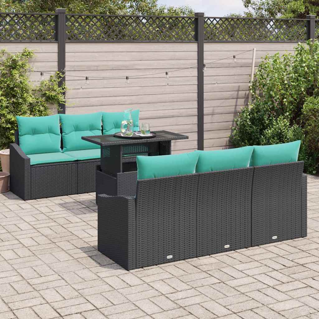 vidaXL Tuinbank Set met kussen 7 pcs Zwart en blauw poly rattan