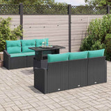 vidaXL Tuinbank Set met kussen 7 pcs Zwart en blauw poly rattan