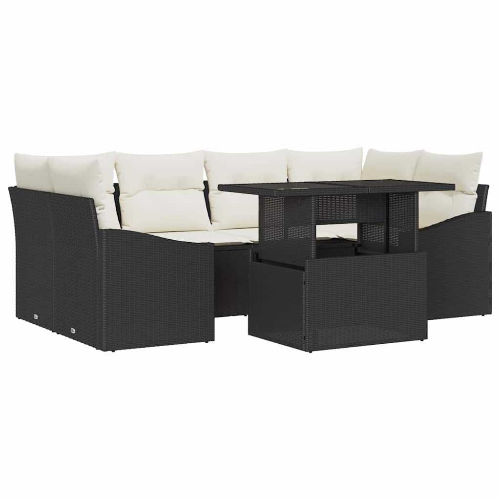vidaXL Tuinbank Set met kussen 7 pcs Zwart en crème poly rattan