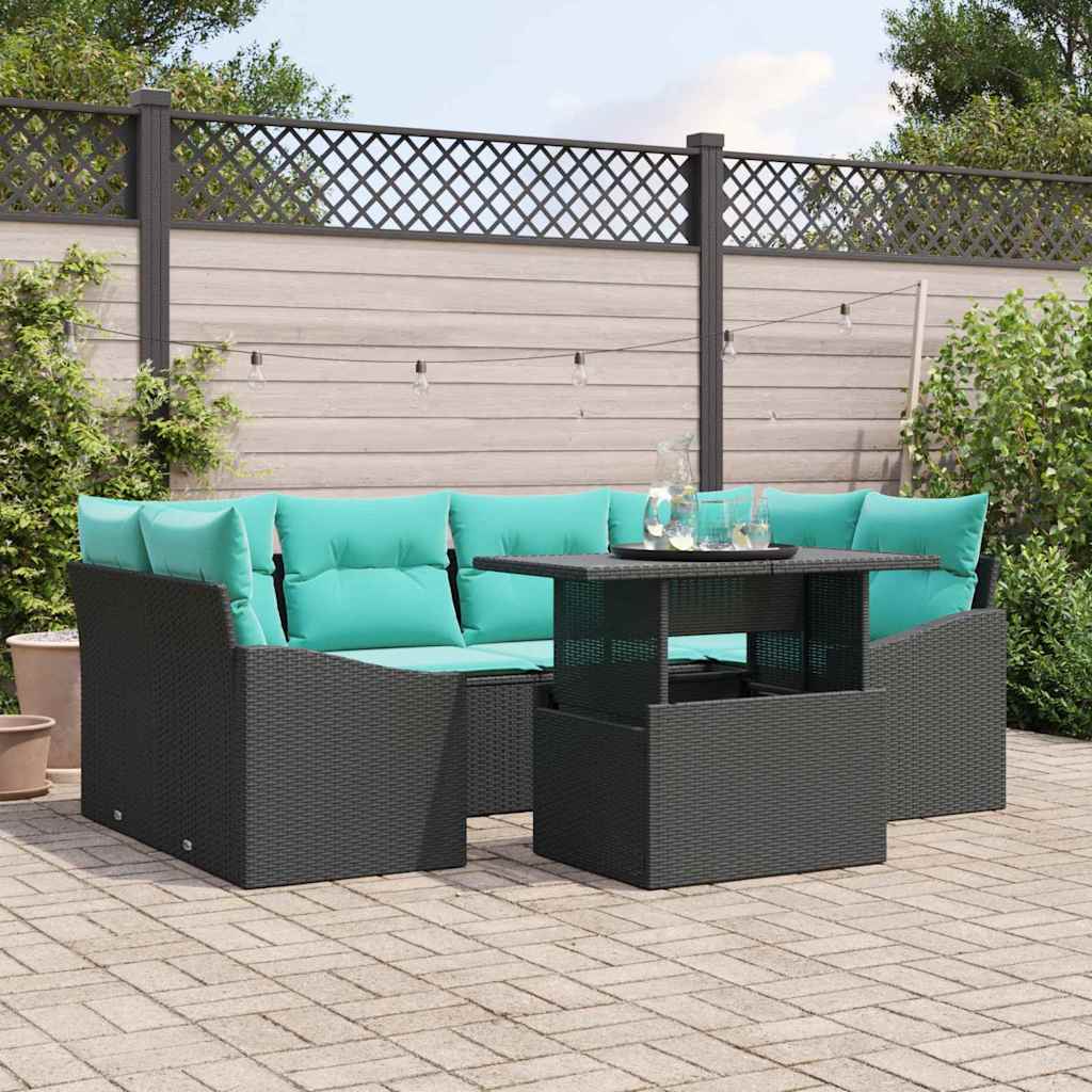 vidaXL Garden Sofa Set with Cushions 7 pcs Black and Blue Poly Rattan