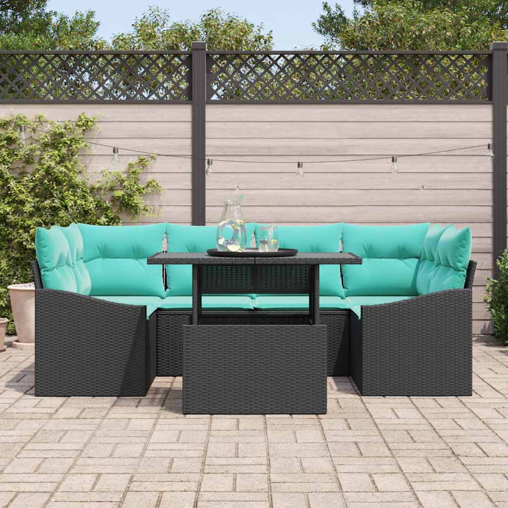vidaXL Garden Sofa Set with Cushions 7 pcs Black and Blue Poly Rattan