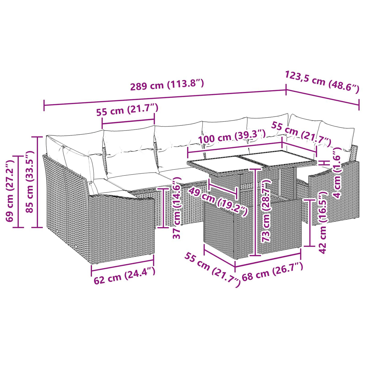 vidaXL Tuinbank Set met kussen 8 pcs Zwart en Blauw poly rattan