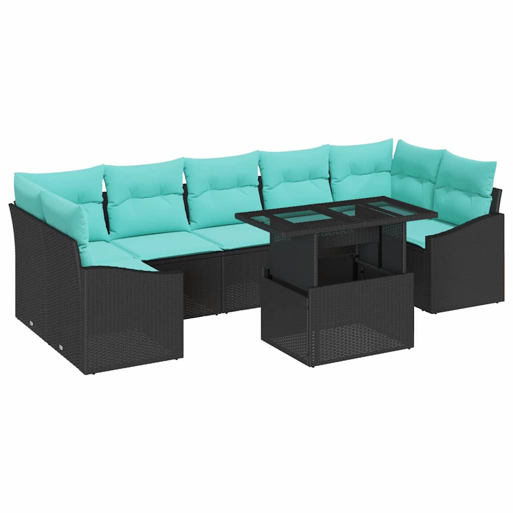 vidaXL Tuinbank Set met kussen 8 pcs Zwart en Blauw poly rattan