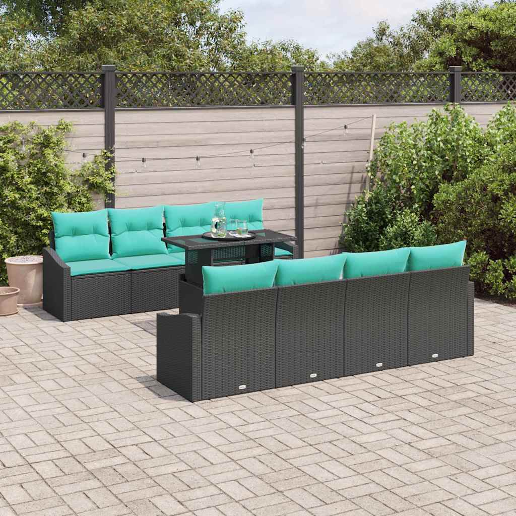 vidaXL Tuinbank Set met kussen 7 pcs Zwart en Blauw poly rattan