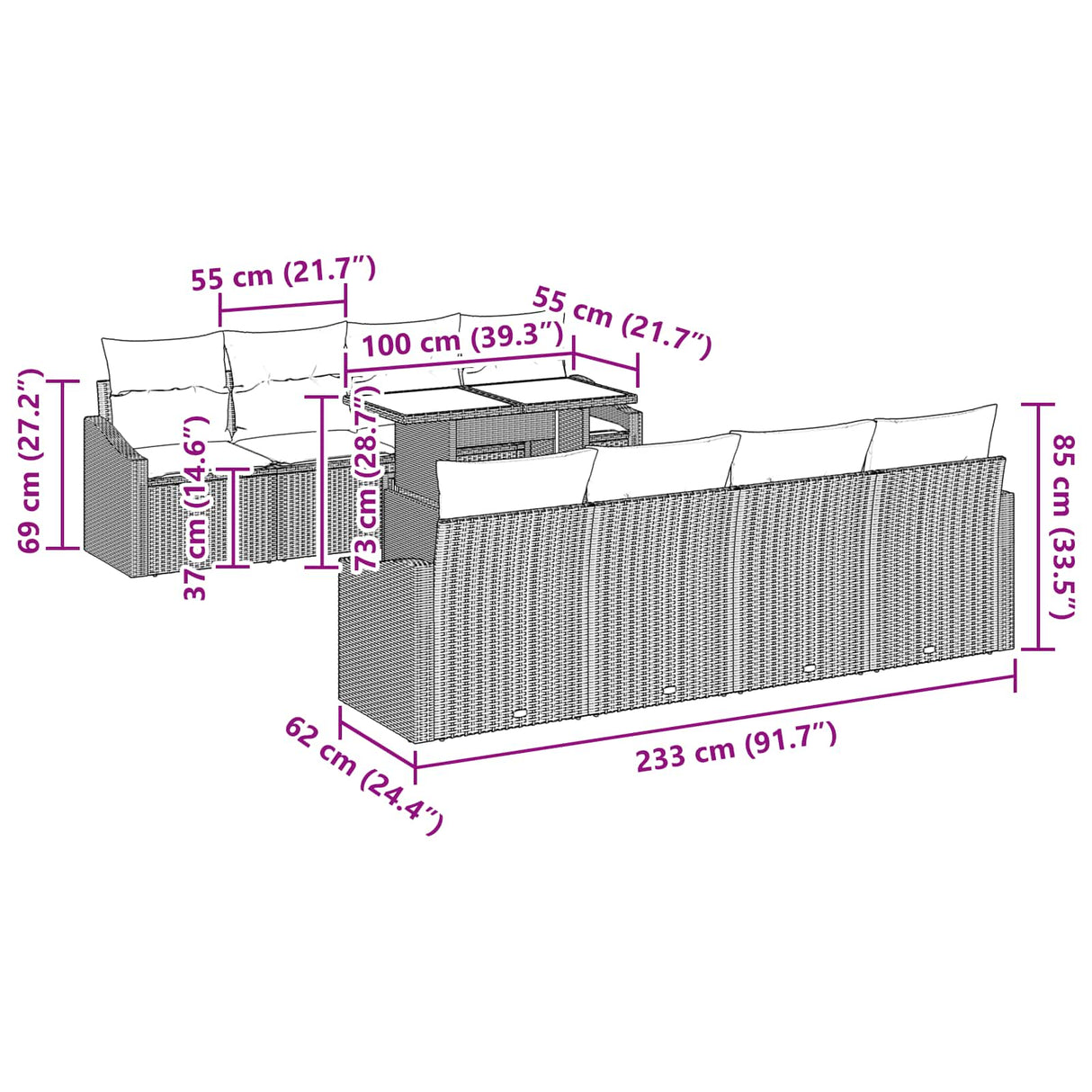 vidaXL Tuinbank Set met kussen 7 pcs Zwart en Blauw poly rattan
