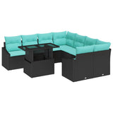 vidaXL Tuinbank Set met kussen 9 pcs Zwart en blauw poly rattan