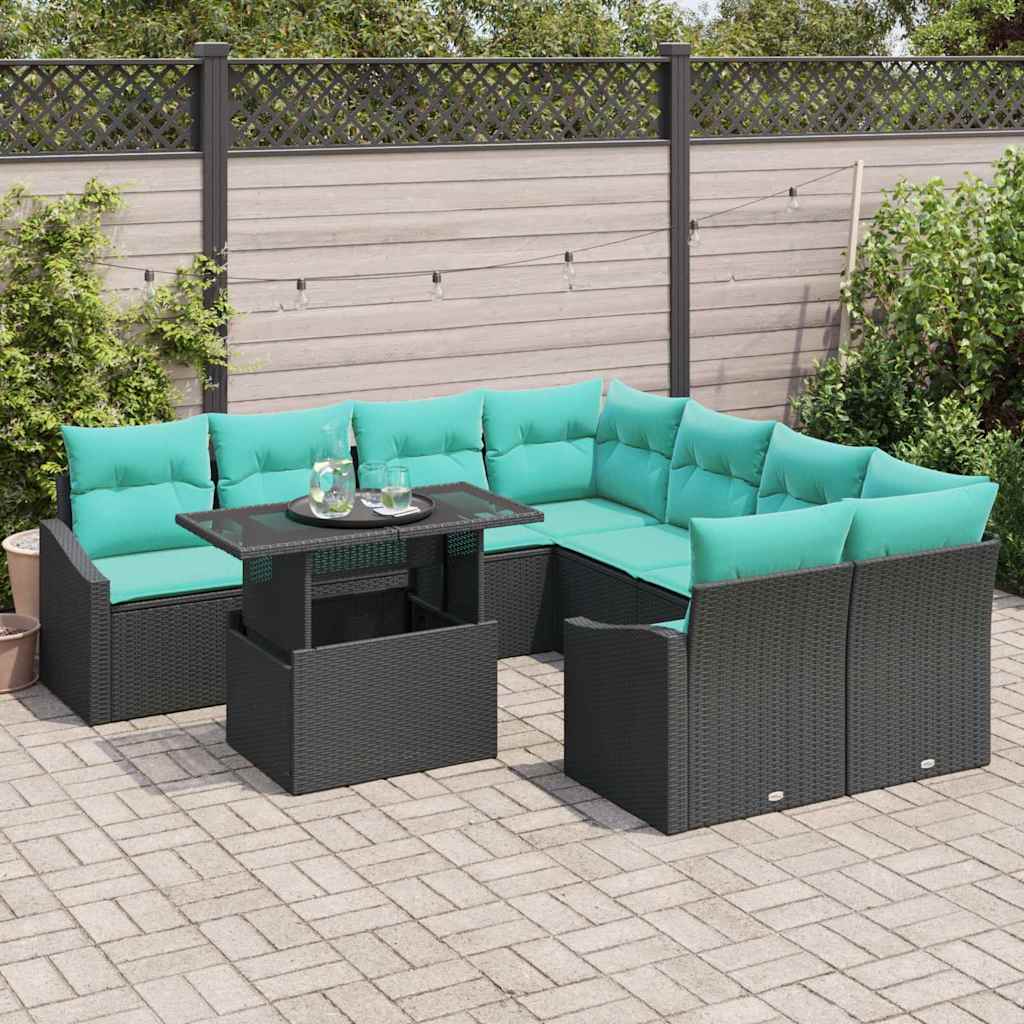 vidaXL Tuinbank Set met kussen 9 pcs Zwart en blauw poly rattan