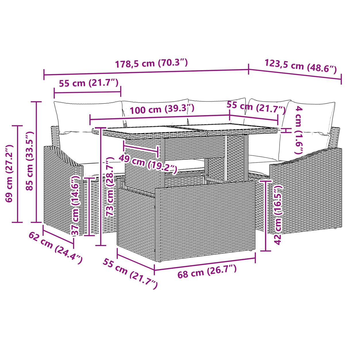 vidaXL Tuinbank Set met kussen met opslag 5 pcs Zwart en blauw
