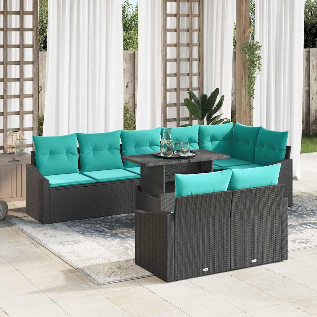 vidaXL Tuinbank Set met kussen 9 pcs Zwart en Blauw poly rattan