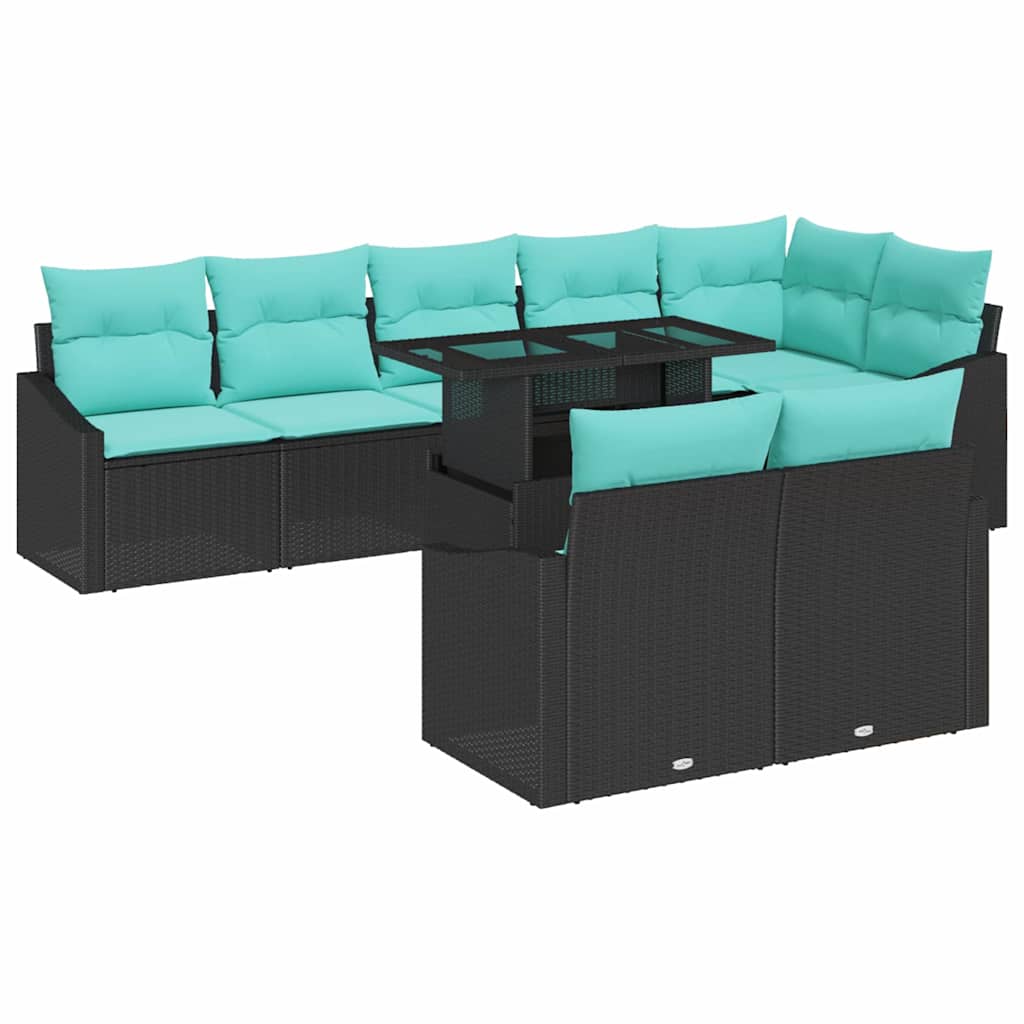 vidaXL Tuinbank Set met kussen 9 pcs Zwart en Blauw poly rattan